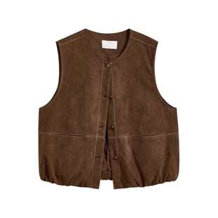 网红复古明线麂皮绒无袖马甲女秋冬季宽松马夹背心外套时尚外套