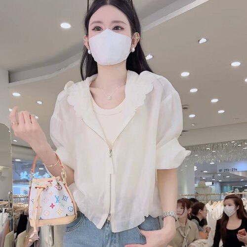 蕾丝拼接连帽拉链防晒衣女2026夏季时尚宽松小个子轻薄开衫短外套