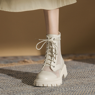 马丁靴潮 网靴镂空透气凉靴新款 薄款 海伦馆白色网纱真皮短靴女夏季