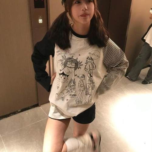 美式亚比文化手绘印花条纹长袖t恤女早秋新款撞色拼接宽松y2k上衣