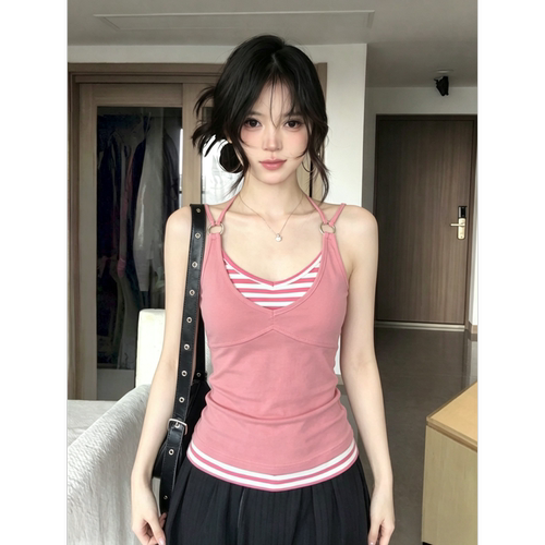 【宋正恩】条纹假两件吊带背心女