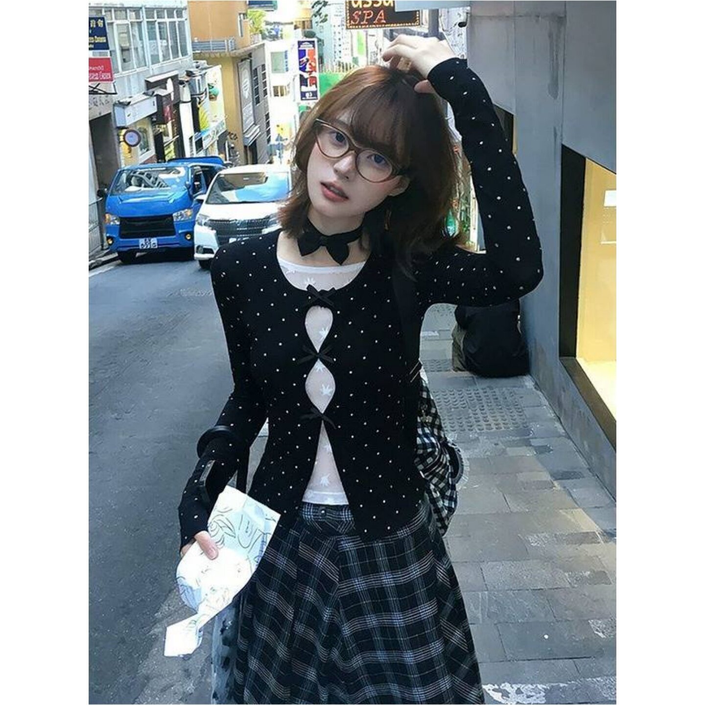 蕾丝拼接黑色波点假两件长袖T恤女春季新款修身设计感打底衫上衣