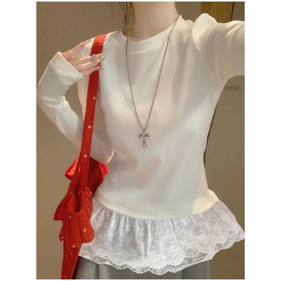 白色蕾丝花边拼接内搭打底衫女装
