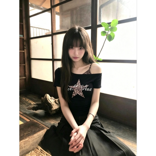 【爆爆糖】豹纹假两件短袖T恤女