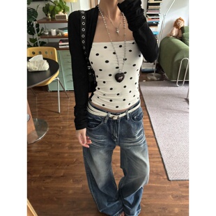 美式复古波点假两件长袖T恤女2025早秋新款修身显瘦撞色辣妹上衣