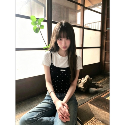 【宋正恩】波点假两件短袖t恤女