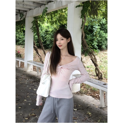 美式小众条纹V领扭结长袖T恤女装