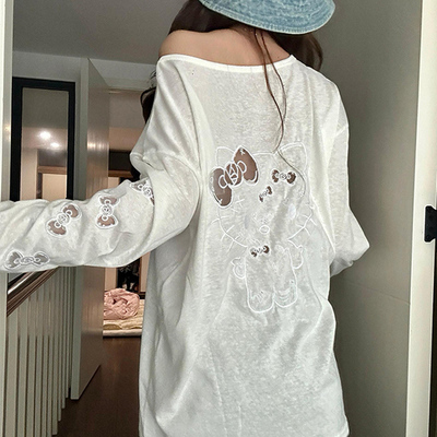 夏季镂空刺绣kitty猫长袖t恤女