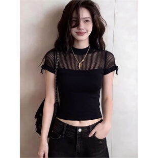 设计感小众圆领镂空蝴蝶结针织短袖 性感显瘦上衣夏 黑色T恤女修身