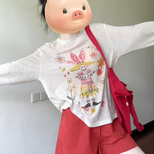 设计感彩绘印花圆领长袖t恤女