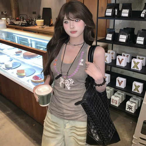 夏季辣妹小狗印花挂脖吊带背心女