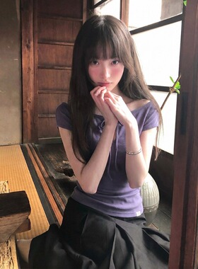 紫色镂空系带短袖t恤女夏季穿搭抽褶收腰正肩修身显瘦辣妹上衣ins