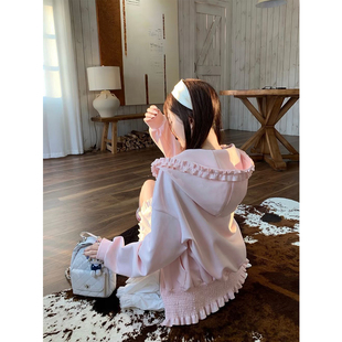 粉色帽衫 慵懒宽松长袖 上衣 卫衣外套女春秋季 木耳边拉链连帽开衫