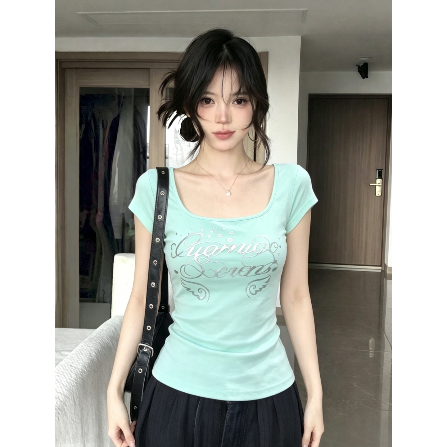 【Solpaw】辣妹薄荷绿U领短袖t恤图片