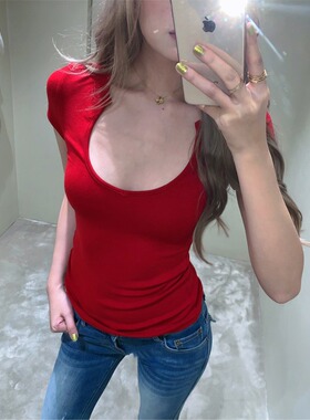 辣妹性感锁骨留白u领正肩短袖t恤女2026春季新款修身显瘦红色上衣