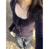 别致内搭打底衫 秋冬季 小众方领上衣潮 T恤女装 甜辣妹纯色系带长袖