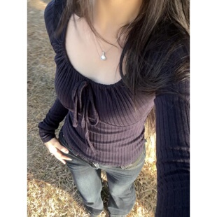 别致内搭打底衫 秋冬季 小众方领上衣潮 T恤女装 甜辣妹纯色系带长袖