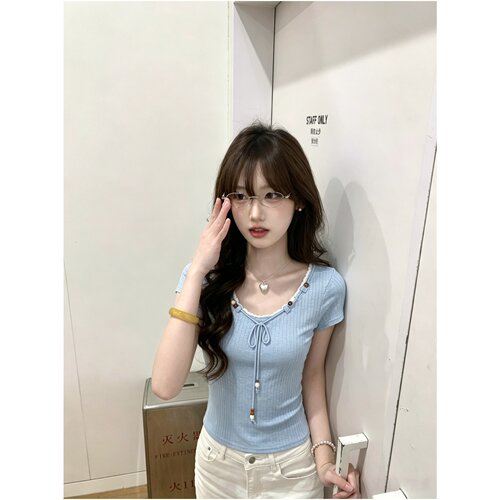 蓝色系带串珠抽绳短袖U领T恤女装