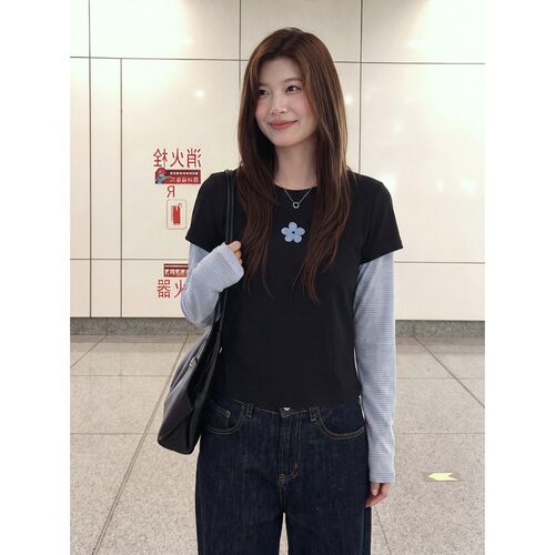 【觅定】假两件条纹长袖T恤女装