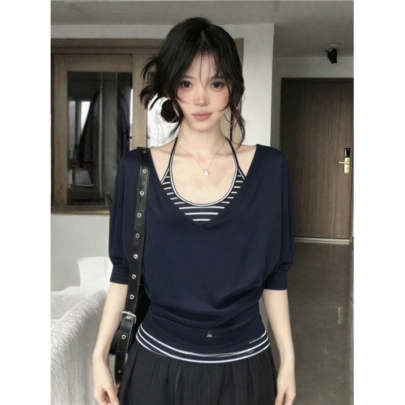 韩系小众中袖t恤罩衫女夏季穿搭挂脖条纹背心修身显瘦上衣两件套