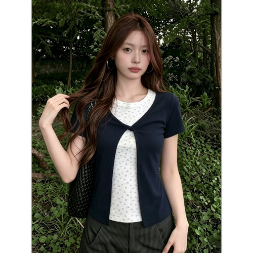 【宋正恩】碎花假两件短袖t恤女