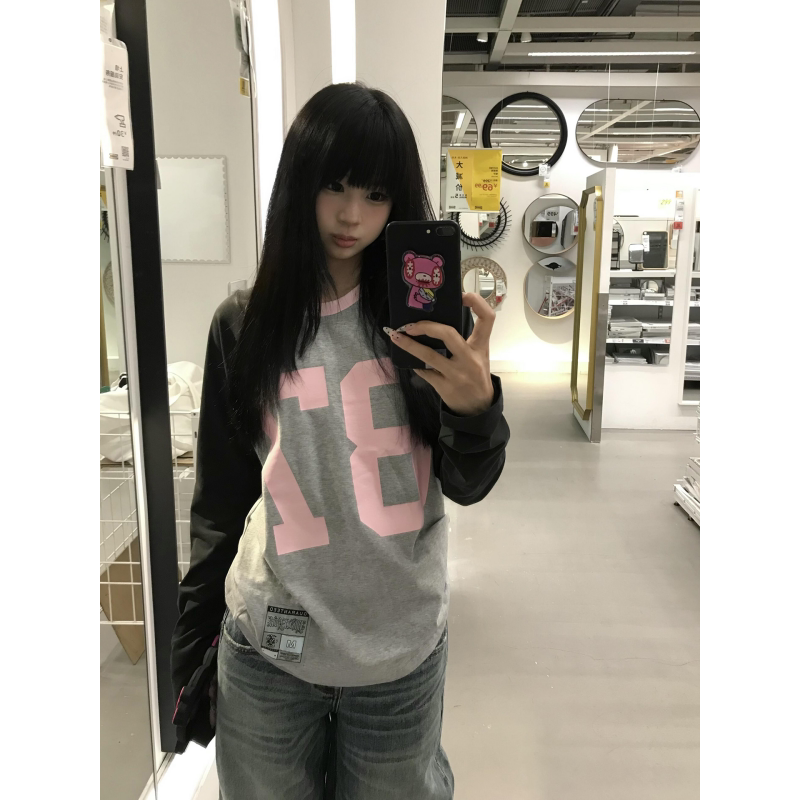 插肩袖数字印花球服风长袖t恤女图片