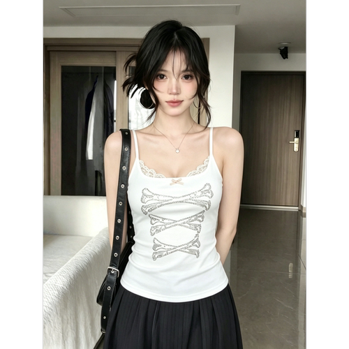 美式纯欲蕾丝拼接烫钻吊带背心女