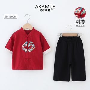 儿童汉服男童夏季薄款短袖套装宝宝中式古装纯棉唐装中国风演出服