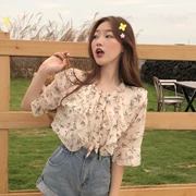 2019 áo mới mùa hè áo voan nữ giản dị in áo sơ mi rộng rãi áo sơ mi hoa ngắn tay Hàn Quốc - Áo sơ mi chiffon ren