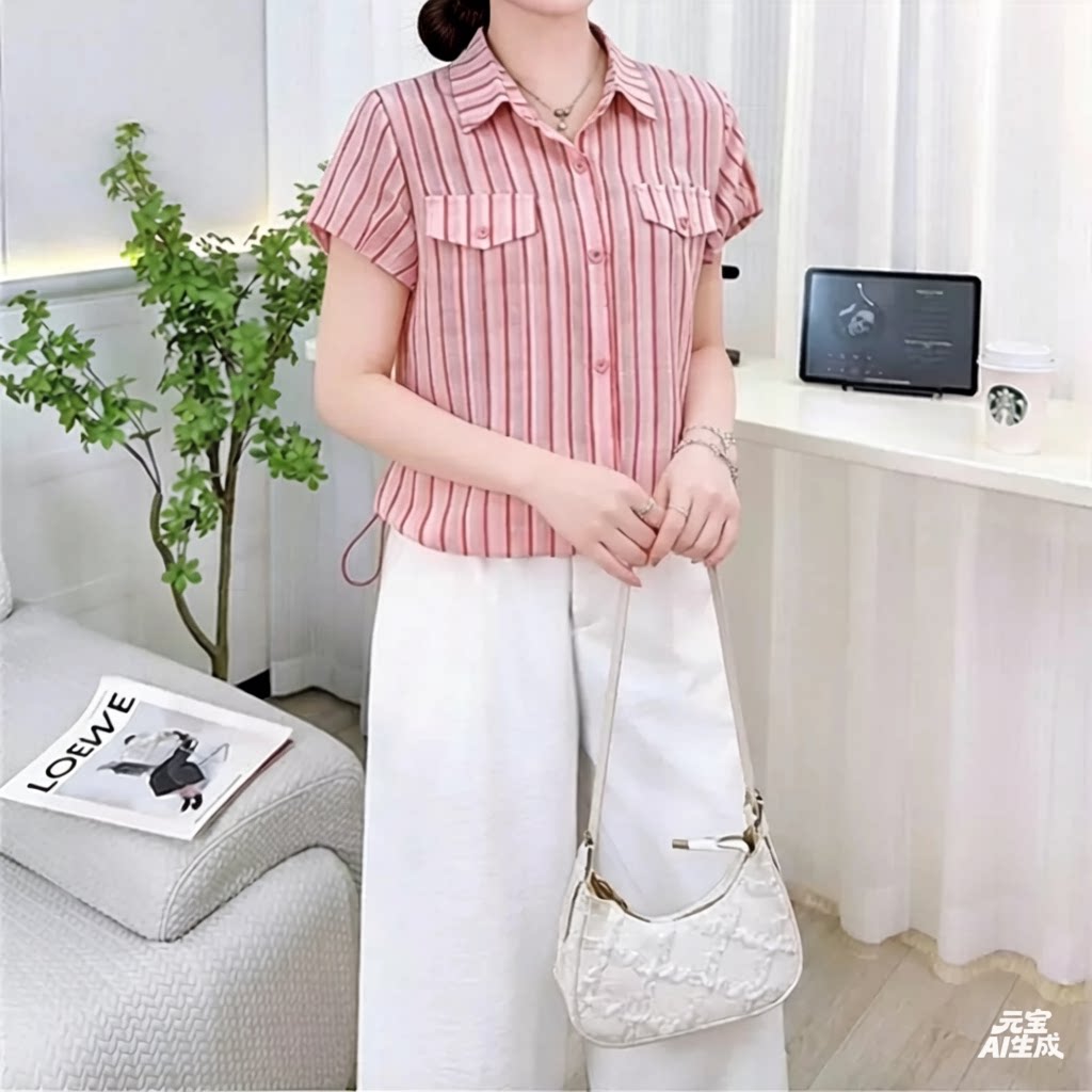 夏雪纺泡泡袖条纹减龄衬衫女清凉