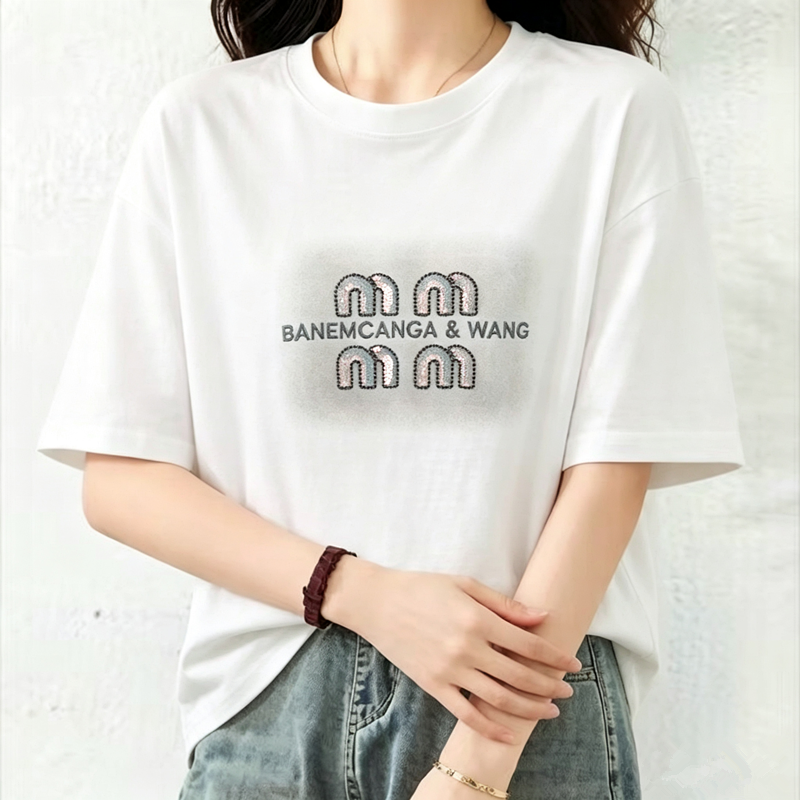 夏重工珠片绣纯棉宽松短袖T恤女