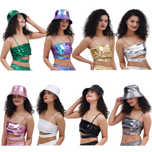 女士金色吊带背心性感仿皮短款上衣音乐节派对嘻哈爵士舞蹈演出服