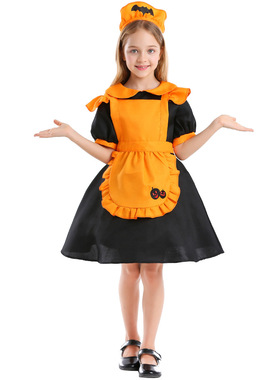 万圣节儿童橙色南瓜女仆装城堡女佣cosplay蝙蝠装女童连衣裙围裙