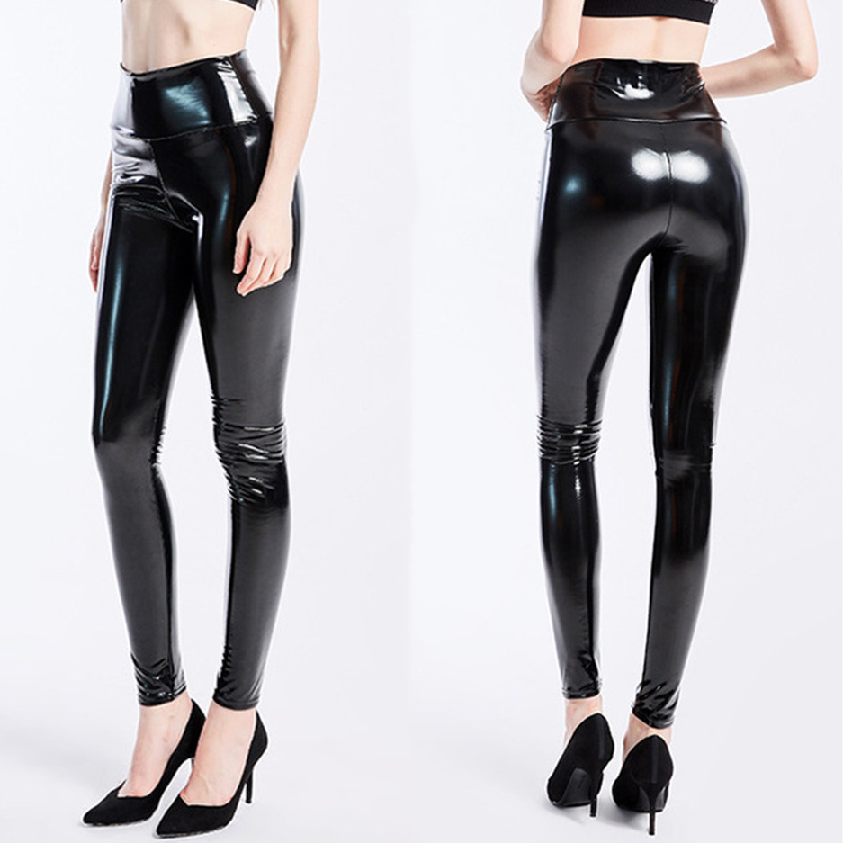 性感高腰亮面仿皮长裤大码涂胶镜面模特机车裤高弹力紧身小脚裤女