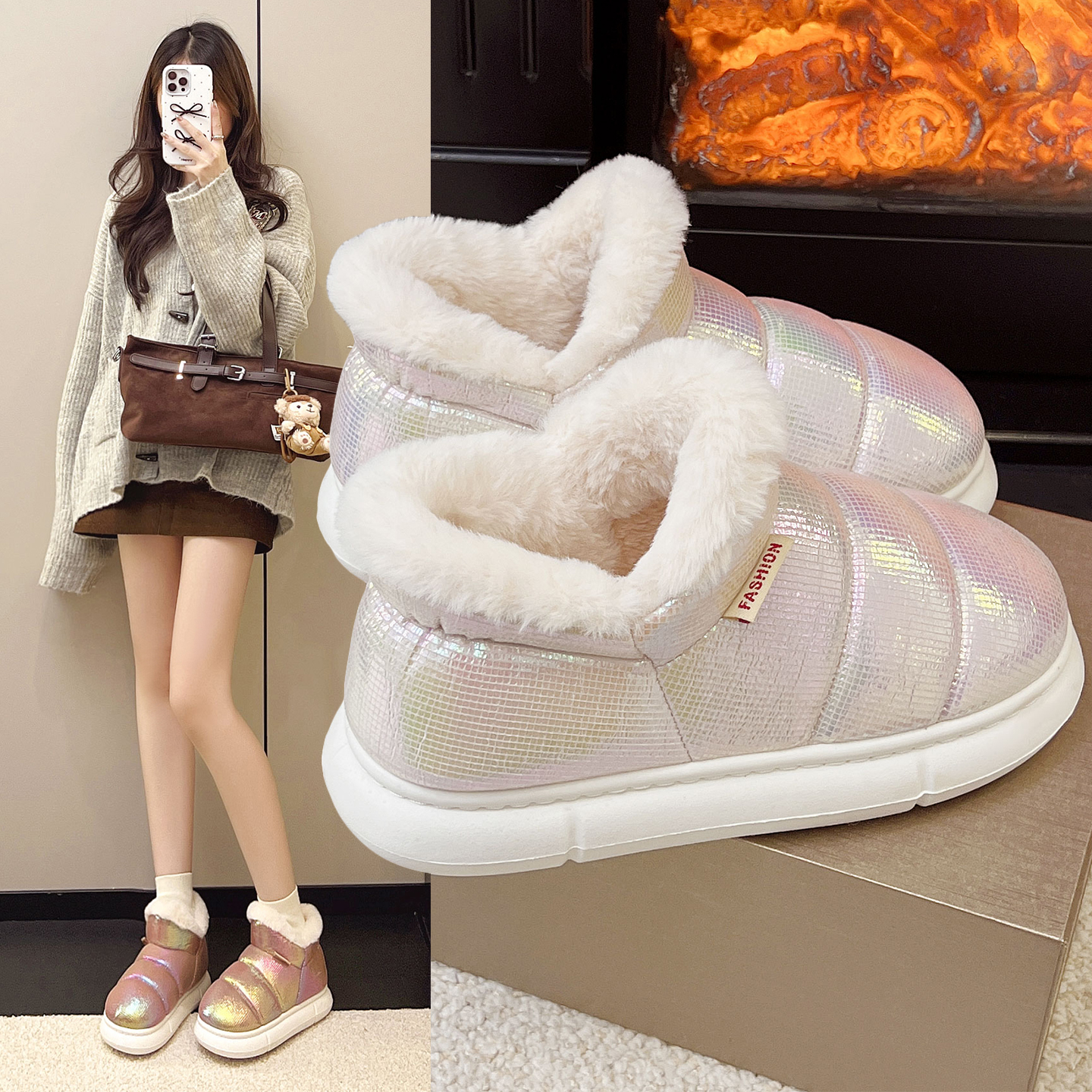 冬季新款皮面雪地靴加绒保暖舒适女棉鞋网红同款亮面防水女鞋子