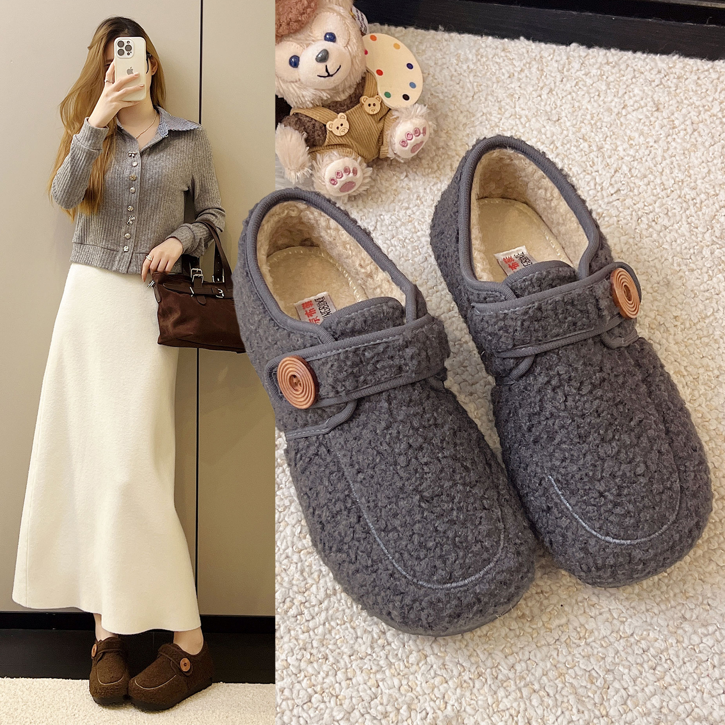 复古加绒女棉鞋平底可爱勃肯鞋