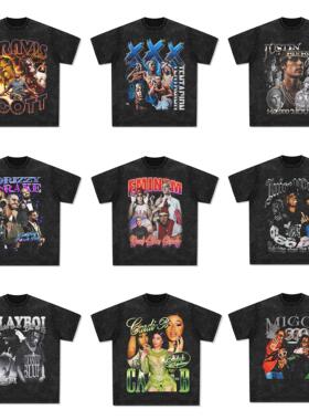 侃爷比伯阿姆TravisScott德雷克美式T恤嘻哈说唱复古水洗纯棉短袖