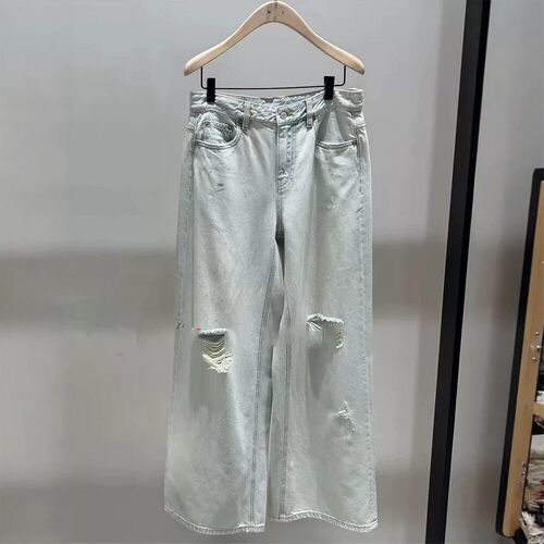 夏季新品棉质浅蓝破洞低腰牛仔裤