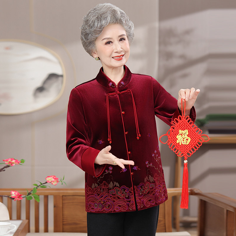 奶奶金丝绒长袖衬衫外套老年人春秋装女妈妈唐装喜婆婆结婚宴礼服