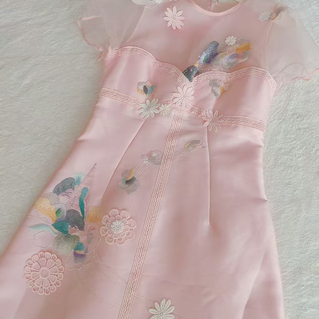 夏姿陈粉色苏绣新中式手绣连衣裙连衣裙
