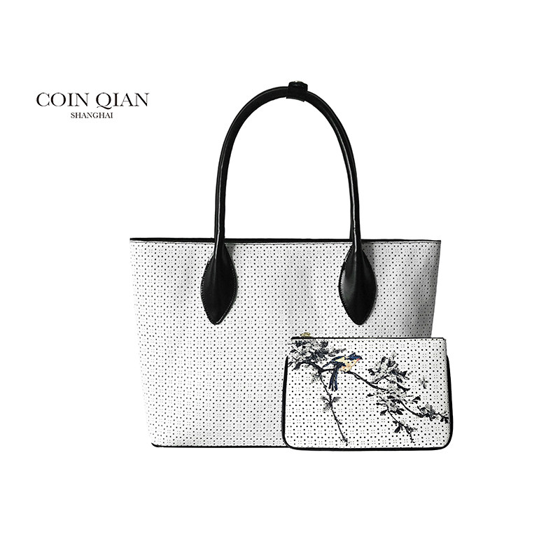 COIN QIAN 内秀系列-白色真皮镭射托特子母包—大号 通勤 托特