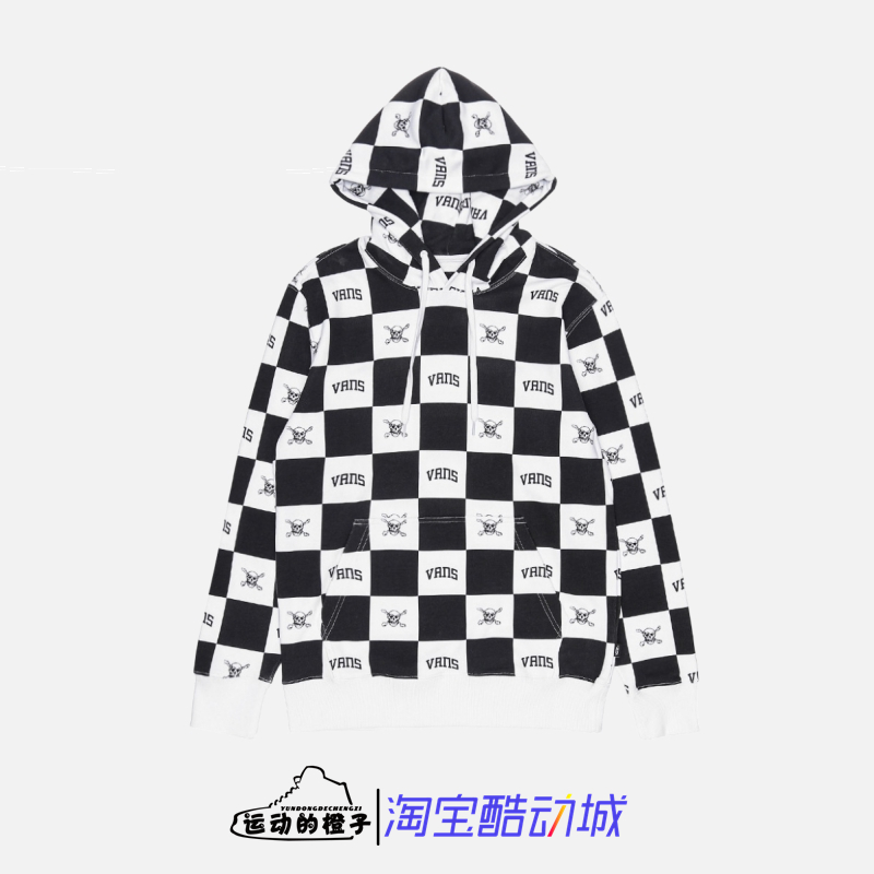 VANS 黑白棋盘格男子骷髅印花针织连帽休闲运动卫衣 VN0A54JWZ79
