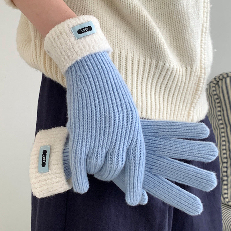 韩版软糯小羊圈拼色手套女冬季学生保暖骑行五指针织手套露指触屏