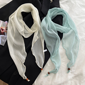 饰围巾护颈系脖领巾纱巾 百搭装 轻盈薄款 纯色串珠小长条丝巾女夏季