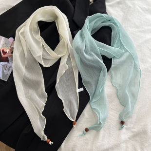饰围巾护颈系脖领巾纱巾 百搭装 轻盈薄款 纯色串珠小长条丝巾女夏季