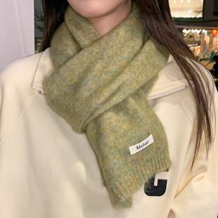 安哥拉山羊毛围巾女冬季毛茸茸软糯加厚款自带柔光菜花绿保暖围脖