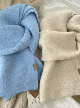 冰岛蓝~羊毛混纺针织围巾女冬季显白色系韩版百搭ins学生情侣围脖