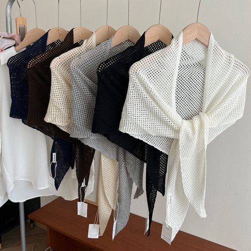 韩版纯色镂空针织披肩外搭三角巾