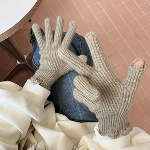 针织手套女冬季新款韩国纯色花边设计漏指触屏玩手机保暖骑行情侣