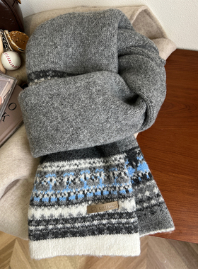 复古小熊皮标保暖围脖女冬季百搭情侣款费尔岛风提花针织毛线围巾